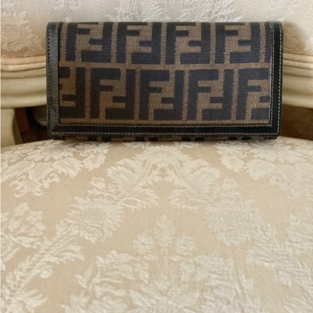 FENDI Monogram Canvas Leather Trim Long Wallet